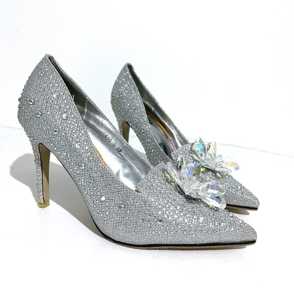 Geyunya Glitter Silver Sparkle Crystal Effect Cinderella Bridal Prom Heels - Picture 16 of 17